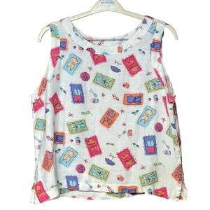 Aegean beach print sleeveless linen top pullover vacation colorful size XL